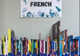 French books on a shelf.